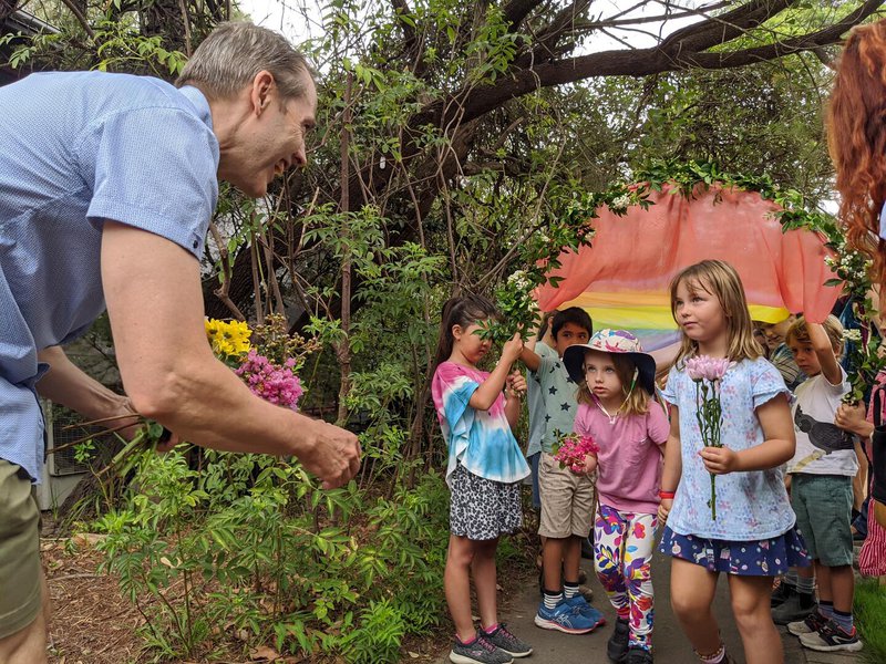 Teacher Rodney Dean meets Class 1 somewhere under the rainbow bridge