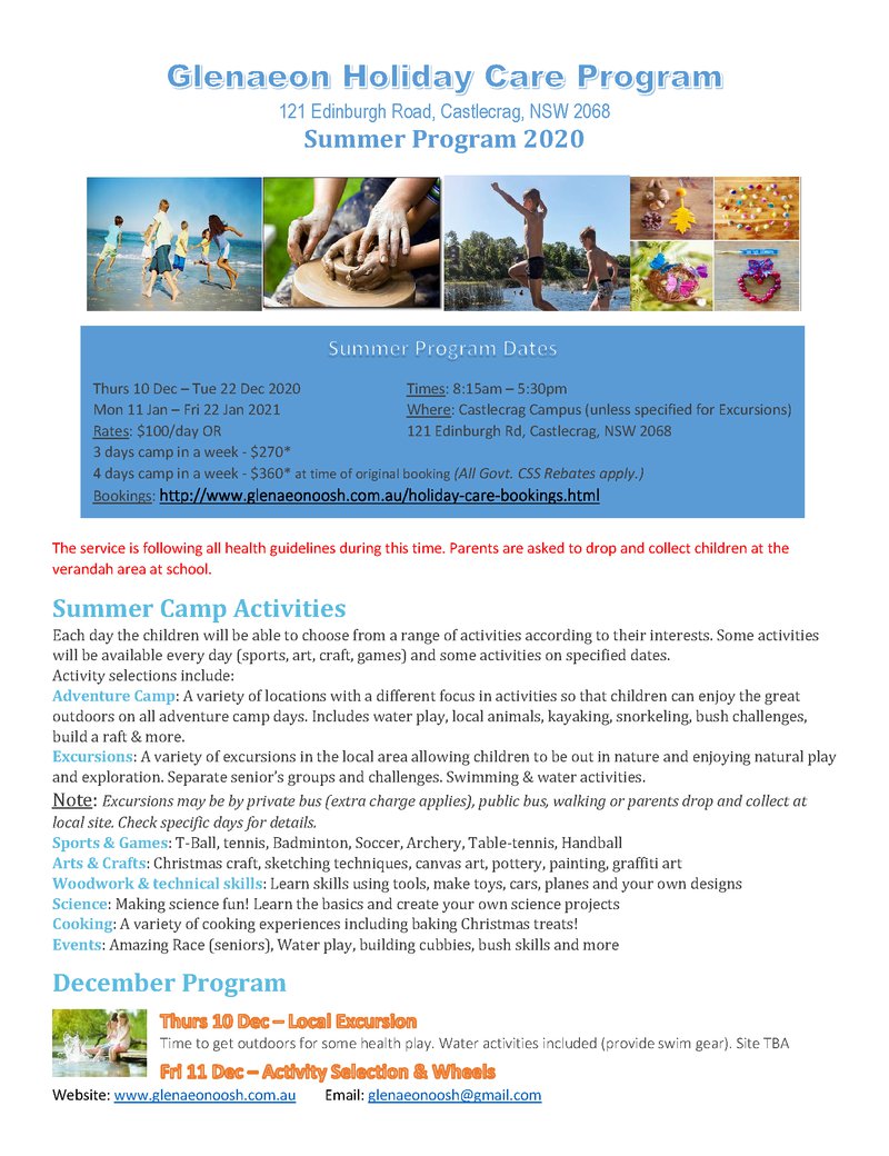 Glenaeon Holiday Care Program - book now!