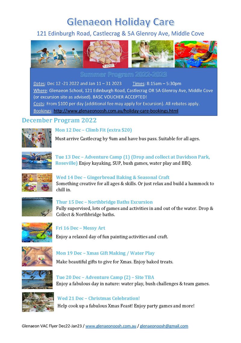 Glenaeon Vacation Care Dec 2022-Jan 2023 BOOK NOW!