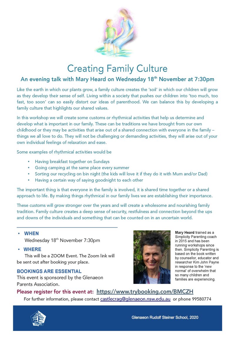 Creating Family Culture with Mary Heard – Wednesday 18 November 2020 via Zoom